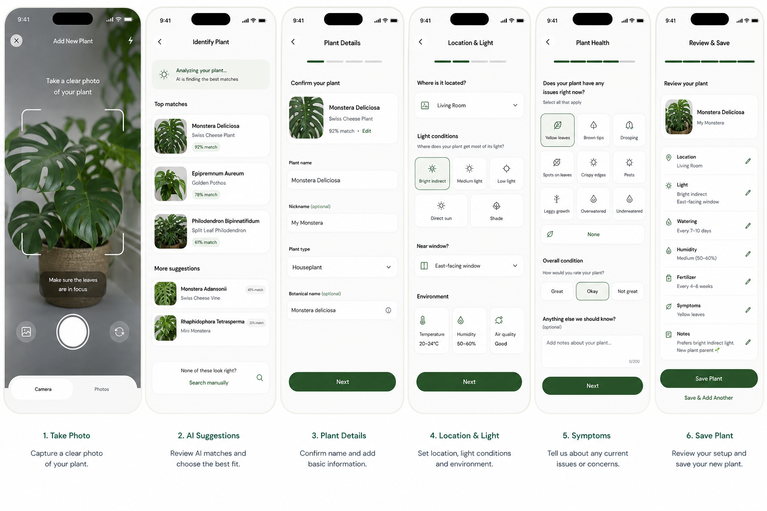 Botanica add plant flow with camera capture, AI suggestions, details, light, symptoms, and review