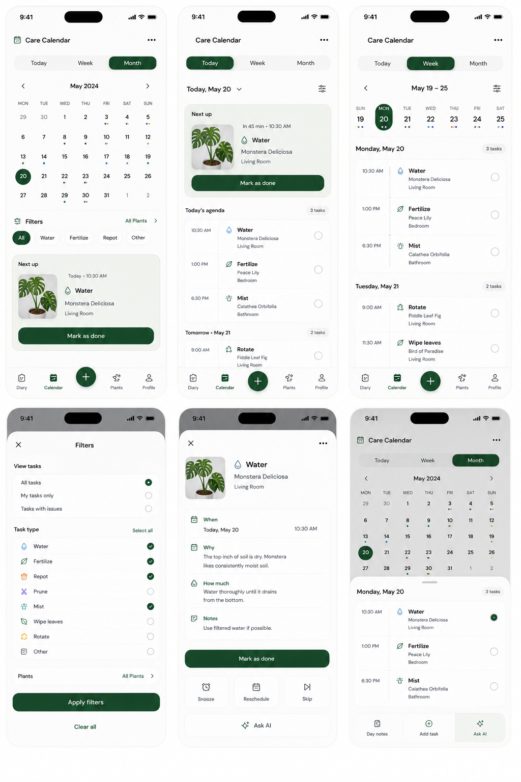 Botanica care calendar screens with monthly, daily, and weekly task views