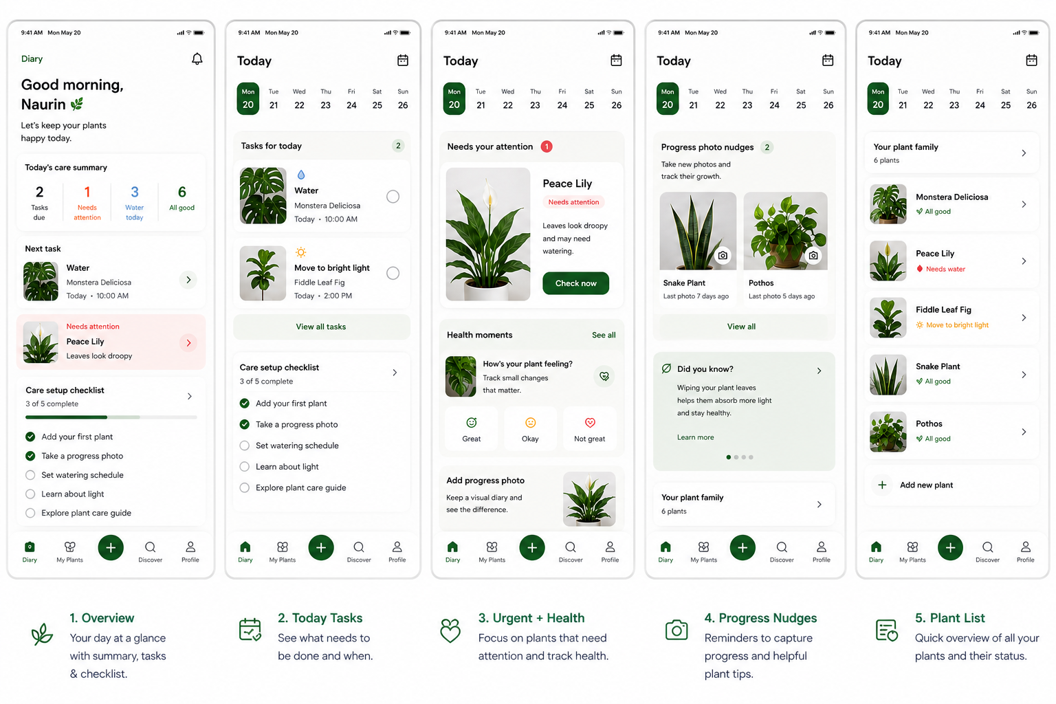 Botanica diary screens with today summary and plant family
