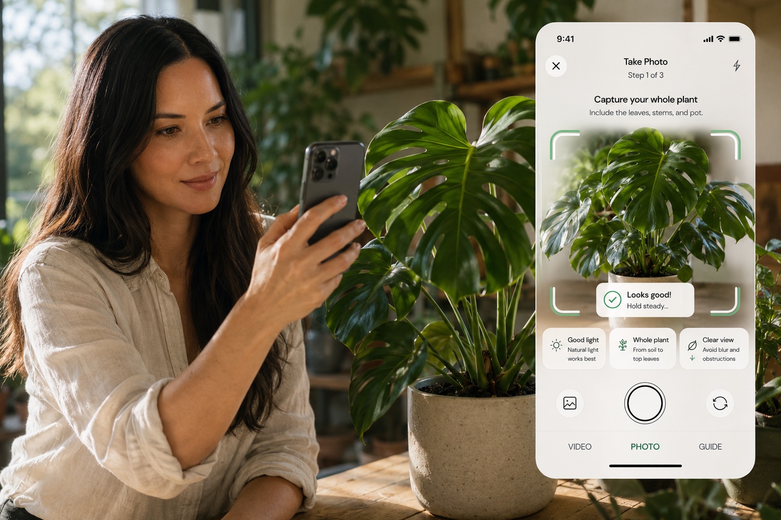 A Botanica user photographing a monstera with the iPhone plant capture guide open