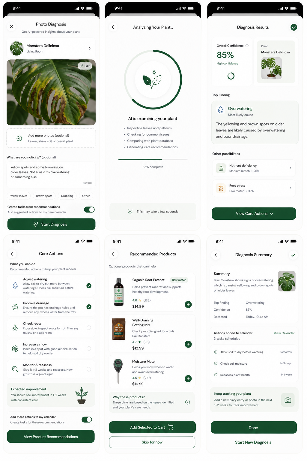 Botanica photo diagnosis screens with issue notes and next steps